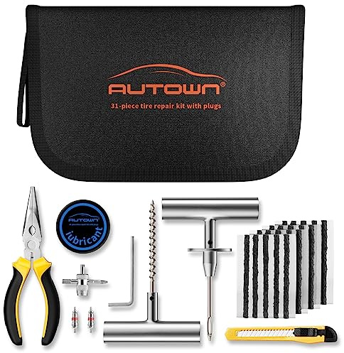 AUTOWN Universal Tire Repair Kit, 31-teilig Reifenreparaturset mit Stopfen für die Reparatur von Reifenpannen, Reifenflicken-Kit für PKW, Motorrad, ATV, Jeep, LKW, Traktor