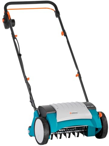 Gardena Elektro-Vertikutierer EVC 1000: Rasenlüfter mit Arbeitsbreite 30 cm, 1000 W, Rasenfläche bis 1000 m², Verstellhebel für Arbeitstiefe, teilbares Gestänge, Räder mit Spezialprofil (4068-20)