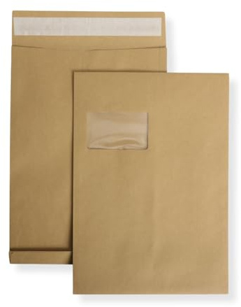 50 St. DIN C4 Faltenversandtaschen mit Fenster braun Stehboden und 20 mm Falte 130 gr. Kuvert 229x324x20 mm Haftklebend Briefumschläge HK Briefhüllen