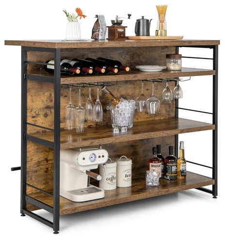 GIANTEX Hausbar Theke Bar, Barschrank mit 4 offenen Ablagen, Bartisch Küchen Tresentisch mit Weinregal & Gläserhalter, Küchenregal Küchentheke 120 x 60 x 101 cm, Küchenbar Küchentresen
