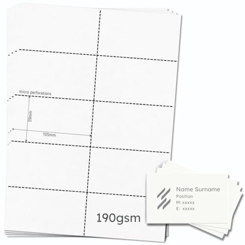 OfficeGear extra starke, bedruckbare Visitenkarten, 10-fach [25 Blatt – 250 Stück] – Perforierte 190 g/m² Firmen- und Namenskarten – 59 × 105 mm – Weiß – inkl. Designvorlage