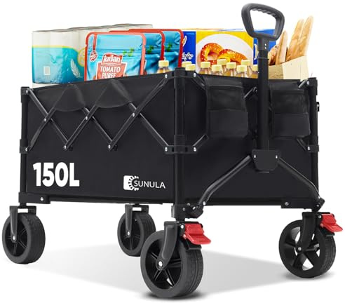 SUNULA Bollerwagen Faltbar Tragkraft 120KG, Klappbarer Handwagen mit EIN-klick-Handgriff & 4-seitig zusammenfaltbar, Geländegängig Räder mit Bremsen 150L, Schwarz