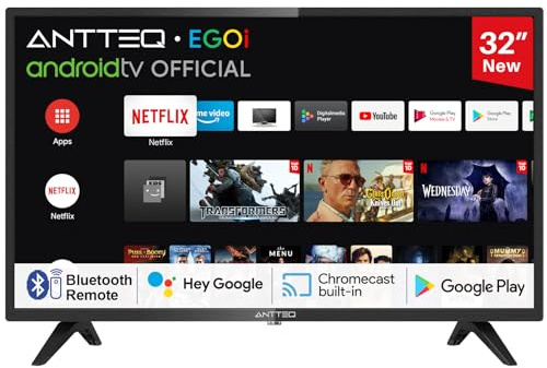 Antteq AG32H3 Smart TV 32 Zoll Fernseher 80 cm Bluetooth Sprachassistent | WLAN, HDR10, Google Assistant, Chromecast, Triple Tuner DVB-C/S/S2/T/T2, CI+, Dolby Audio