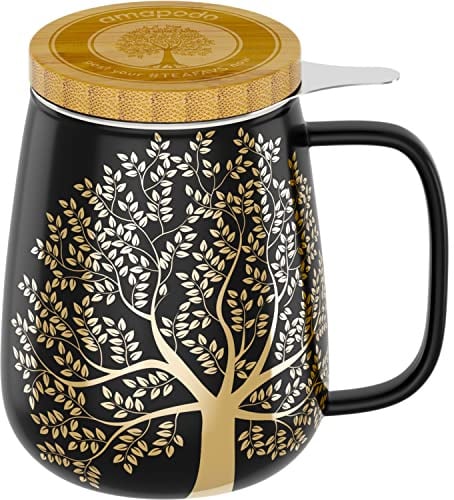 amapodo Teetasse mit Deckel und Sieb - 600ml Porzellan Tee Tasse groß - Jumbotasse - XXL Tea Cup Set Dunkelgrau - plastikfrei