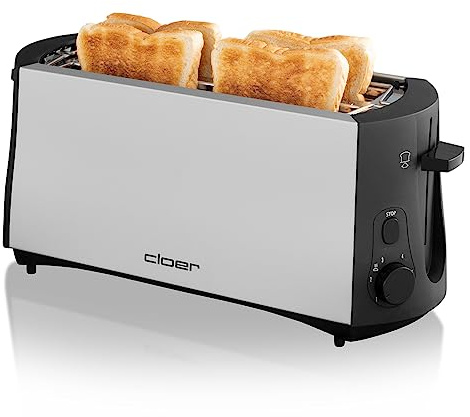 Cloer 3710 Langschlitztoaster für 4 Toastscheiben, Toaster mit Brötchenaufsatz, Nachhebevorrichtung, stufenlosem Bräunungsgrad, Sicherheitsabschaltung, Auftau-Funktion und Krümelschublade, 1380 W