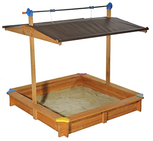 GASPO 310016 - Holz Sandkasten Mickey 140 x 140 cm mit absenkbaren Dach/Kurbeldach, Honigfarbene, Kindgerechte Imprägnierung, Braun