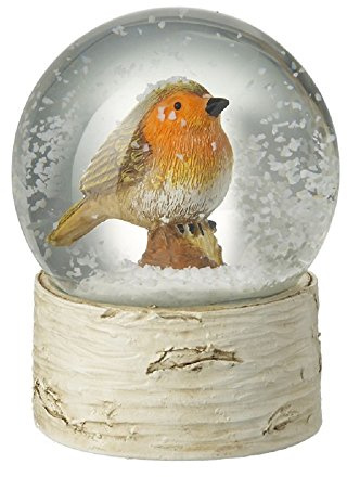 Schneekugel mit Rotkehlchen auf Sockel in Holzoptik