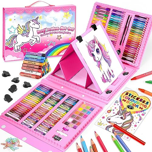HappyGoLucky Malset für Kinder, Geschenk Mädchen 4-10 Jahre, Buntstifte Set Wachsmalstifte Zeichenbrett