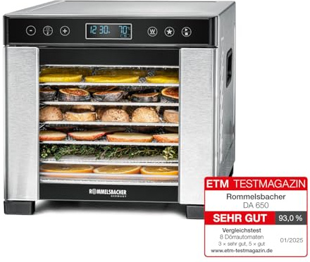 ROMMELSBACHER Dörrautomat DA 650, Dörrfläche 0,5 m², inkl. 7 Edelstahl-Dörrtabletts, 1 Dörrgitter, 1 Dörrunterlage, LCD-Display, 99 Std. Zeitschaltuhr, Temperatur einstellbar (35 °C – 75 °C)
