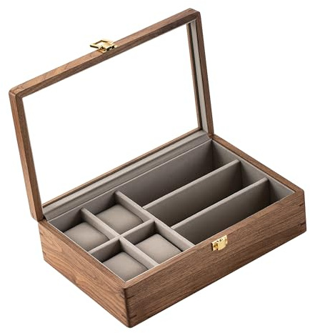 muso wood holz Uhrenbox Brillenhalter mit 4+3 Fächern mit Glasfenster | Uhrenkasten aus luxuriös massives nordamerikanisches Walnussholz, Brillen -Uhrenaufbewahrung 30.6 * 20.5 * 8.5cm