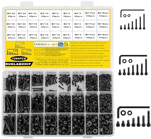 1260 Stk M2 M3 M4 Schrauben Set, Zylinderschrauben mit Innensechskantschrauben Muttern Set, Maschinenschrauben mit Muttern Set, Schwarz Gewindeschrauben Set mit Unterlegscheiben Set Sortiment