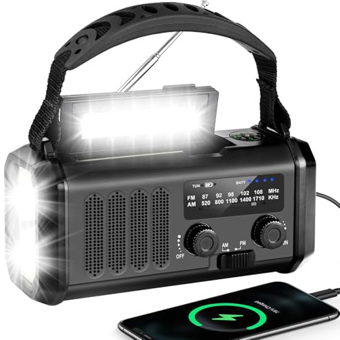 YIKANWEN Kurbelradio mit 20000mAh Akku Wiederaufladbare, Tragbar Solar Radio Dynamo mit AM/FM/NOAA, Power Bank, LED Camping Licht, SOS-Alarm, Kompass, Schwarz