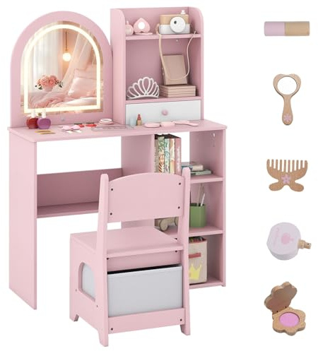 COSTWAY 2 in 1 Kinder Schminktisch mit Beleuchtung, Frisiertisch Holz mit 3-farbig beleuchtetem Spiegel, Schubladen, 3 Haken & Zubehör, Kinderschminktisch Prinzessin Set für Mädchen ab 3 Jahren (Rosa)