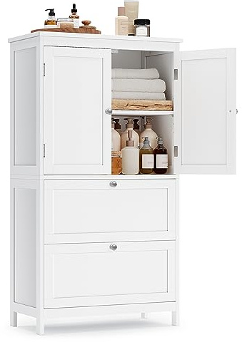 VASAGLE Badezimmerschrank mit 2 Türen und 2 Schubladen, 30 x 60 x 110 cm | Badschrank, Küchenschrank, verstellbare Ablagen, wolkenweiß, SIREN Kollektion BBC551P31