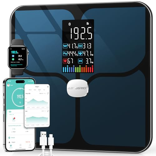 ABLEGRID Wiederaufladbar Körperfettwaage, LED Personenwaage Digital Mit Körperfett Und Muskelmasse Körperfettanalyse, 16 Messungen Der Körperzusammensetzung BMI, Herzfrequenz, 180kg, Schwarz