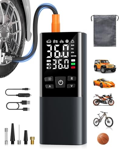 Elektrische Luftpumpe Kabellose, 6000mAh 150PSI Duale Anzeige Akku Kompressor, Luftpumpe Fahrrad mit LED-Leuchte & Manometer, Tragbarer Fahrradpumpe für Auto Motorrad Ball, Powerbank Funktion
