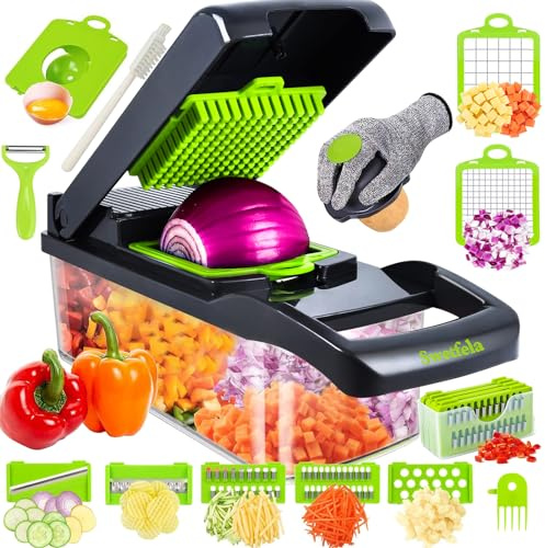 Swetfela 18-in-1 Gemüseschneider & Gemüsehobel, Multifunktionaler Vegetable Chopper mit 7 Klingen, Zwiebel Zerkleinerer Gemüsezerkleinerer Set mit Handschuh, Reinigungsbürste und Schäler