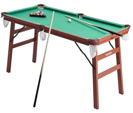 VEVOR klappbarer Billardtisch 140 cm tragbare Billardtische, faltbares, platzsparendes Unterhaltungsspielset, inklusive Ball/Queue/Rack/Kreide/Bürste, Braun mit grünem Tuch, für Freizeiträume