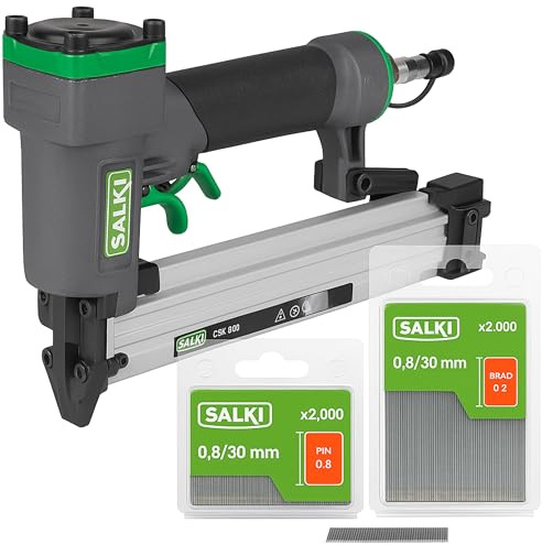 SALKI Druckluft-Nagler CSK PB08 + 2.000 Stifte Pin 0,8 x 30 mm + 2.000 Brad-Nägel 0,8 x 30 mm | Druckluft-Nagelpistole | Klammergerät für Schreiner- und Holzarbeiten