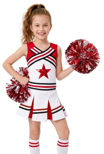 LOLANTA Mädchen Karneval Kostüm, Cheerleader kleid mit Pompoms und Socken, Mittelschule Cheerleading Uniform, 4-13 Jahre