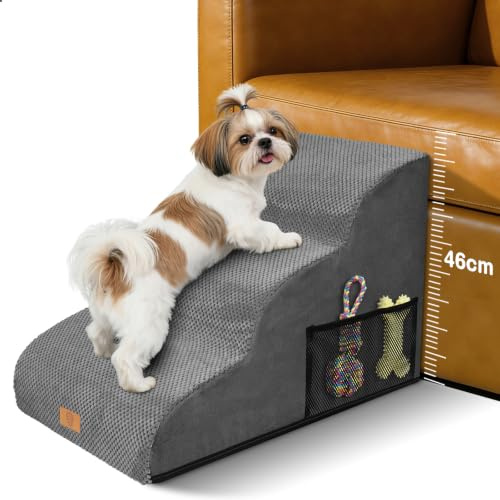 Hundetreppe für Kleine Hunde, 3 Stufen Katzentreppe 60x40x40cm, Grau | Hunderampe mit Abnehmbarem, Waschbarem Bezug, Rutschfeste Haustiertreppe aus Schwamm für Bett, Sofa, Couch und Auto
