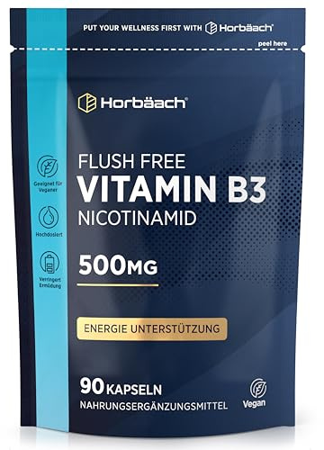 Vitamin B3 Niacin | Hochdosiert 500mg Nicotinamid pro Kapsel | 90 VEGANE Flush Free Kapseln | Hochdosiert Nicotinamide Supplement | Horbaach