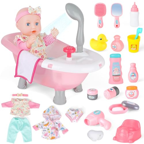 deAO Puppen Badewanne Set mit 36cm Puppe, Baby Nurse Puppen-Badewanne Puppe Bad Set mit Puppenkleidung Bademantel Babyflasche, Baby Doll Spielset Puppenbadewanne mit Funktionierendem Duschspray