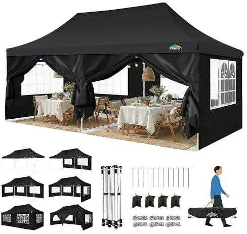 COBIZI Faltpavillon 3X6, Pavillon 3x6m Wasserdicht Stabil Winterfest, Faltbar Partyzelt mit 6 Seitenwänden & 4 Sandsack Pop up Gartenpavillon Anti-UV für Hochzeiten, Freien, Schwarz