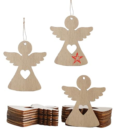 HERZONE 50pcs Holz Engel Anhänger Weihnachten Schutzengel Glücksbringer Weihnachtsdekoration (braun Engel mit Herz)