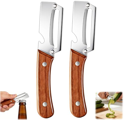 BSOON 2pcs Multifunktionaler Gemüseschäler für die Küche, 2 in 1 Kartoffelschäler mit Flaschenöffner, Edelstahl Kartoffelschäler mit Holzgriff, Universal-Sparschäler für Äpfel, Karotten und Papayas
