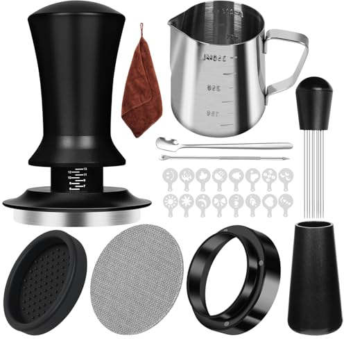 Y-Step Kaffee Tamper 51mm Set, 25-teiliges Barista Zubehör Set mit Dosierring 51mm, Puck Screen 51mm, Barista Tuch, WDT Tool, Kaffeerührer, Tampermatte, Latte Art Set, Milchkännchen