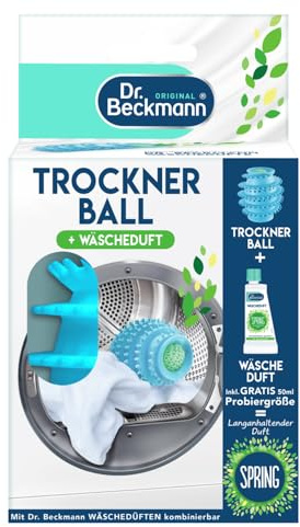 Dr. Beckmann Trocknerball | Für frische und kuschelig-weiche Wäsche | Mit Wäscheduft befüllbar | Verkürzt die Trockenzeit | inkl. Gratis-Probe Spring | 50 ml