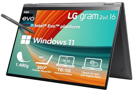 LG 2023 Gram 16 Zoll Ultralight 2-in-1 Convertible Notebook & Tablet - 1.480g Intel Core i7 (16GB RAM, 1TB SSD, 16:10 IPS LCD Display mit Pen Touch, Thunderbolt 4, Win 11 Home, Mirametrix) - Schwarz