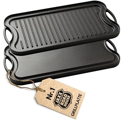 JAXX ROADHOUSE Gusseisen Grillplatte | Gussplatte zum Aufsetzen auf Holzkohlegrill/Gasgrill sowie Ofen und Herd | Plancha, Teppanyaki, Burger, Gemüse | 50,5x26x2,5cm
