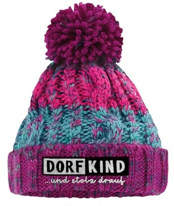 tshirtladen bestickte Kinder Bommelmütze Dorfkind für Jungen und Mädchen | Bestickte Kindermütze mit Bommel und Schriftzug Dorfkind, Zopfmuster Strick aus Polyacryl, Thermoband, für Jungen und Mädchen