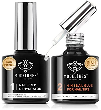 modelones Nagelkleber 6 in 1 und Primer für Gelnägel 2x10 ML, Nail Glue Gel für Nail Tips, Nagelspitzen, Press on Nails Nageltips UV Nagelkleber Brauchen Aushärten unter UV Nagellampe