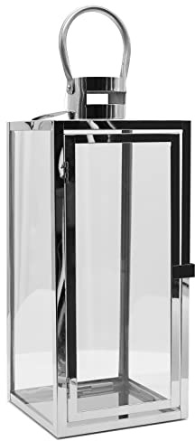 Dekovita 42cm Laterne aus Edelstahl - Gartenlaterne mit Glas-Scheiben und Henkel - Metall Deko-Laterne Windlicht