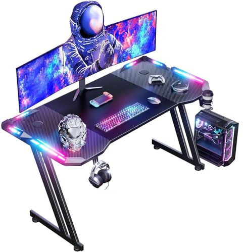 HLONONE 140 x 60 cm Gaming Schreibtisch, Gaming Tisch mit LED, PC Tisch Gaming mit Kohlefaseroberfläche, Stabiler Computertisch für Gaming mit Kopfhörerhaken und Getränkehalter, Schwarz
