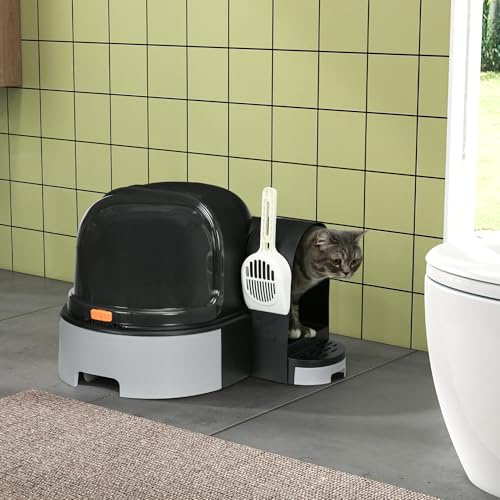 PawHut Katzenklo, Katzentoilette mit Deckel, Schloss 52 x 60 x 42 cm Grau | Ausziehbares Tablett, Schaufel