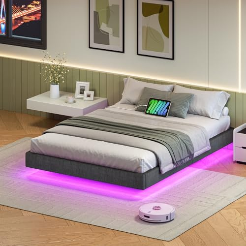 HOOBRO Bett 140 x 200 cm mit Ladestation und LED Beleuchtung, Gästebett, Bettgestell 140 x 200 cm, Bettrahmen, Doppelbett, Einfache Montage, für Schlafzimmer, Gästezimme, Dunkelgrau EGYZ012CDBF01