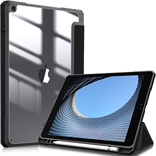 Fintie Hybrid Hülle für 10.2 Zoll iPad 9. Generation 2021/8. Gen 2020/7. Gen 2019 mit Stifthalter - Stoßfeste Schutzhülle mit transparenter Hartschale auf der Rückseite, Schwarz