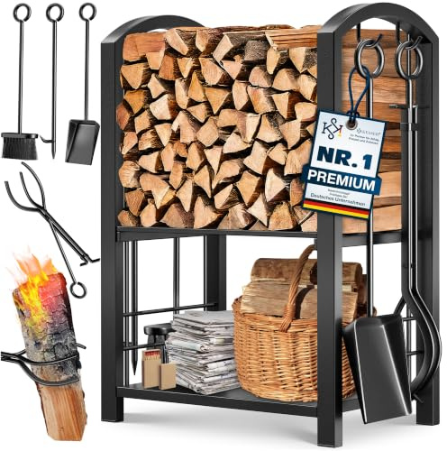 KESSER® Kaminholzregal 5-teiliges Set Kaminholzständer Feuerholzablage Brennholzregal Innen und Aussen Metall 2 Ebenen mit 4 Kaminwerkzeug für Kamin & Ofen, Stahl 40x30x74,5cm Verstellbare Schwarz