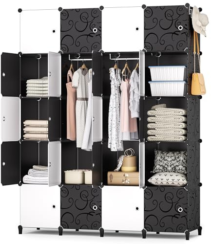 HOMIDEC Kleiderschrank, 20 Würfel Schrank aus Kunststoff, 180 x 142 x 45cm | Tragbarer Regalsystem, Kleiderschrank mit 2 Kleiderstange, Schlafzimmerschrank Kleiderschrank Schwarz Weiß für Schlafzimmer