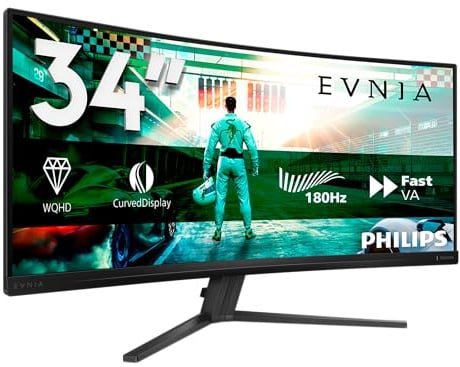 PHILIPS 34M2C3500L 34 Zoll UW-QHD-Monitor, Curved, 180 Hz, schnelles VA-Panel, 0.5 ms MPRT, Adaptive Sync, HDR10, FreeSync Premium, (3440 x 1440, 2 x HDMI 2.0, DP 1.4), Dunkel grau