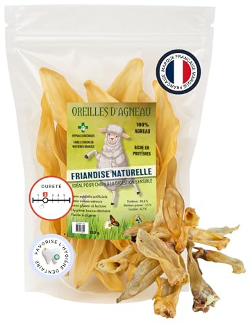Natürliche Lammohren für Hunde – hypoallergene Leckereien aus 100 % Lamm – fettarm, reich an Proteinen – Zahnunterstützung – leicht verdaulich – 250 g France Croquettes
