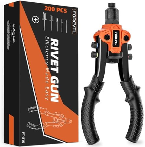 FOREVTL 10'' Nietenzange Set inkl 200 Nieten für Blindnietzange mit 6,4mm-2,4mm Blindnieten, 5 auswechselbaren Mundstücken, Profi Nietpistole, Nietzange Set für Automobil, Eisenbahn, Möbel, Instrument