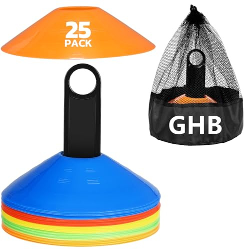 GHB Hütchen 25er Fussball Hütchen Fußball zubehör Slalom Hütchen Markierungshütchen für Fussball Training Agilität Geschenk Jungen Kinder Spieler mit Halter und Tragetasche