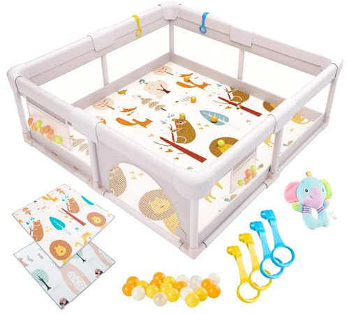 Baby Laufstall 120x120cm, Gepolsterter Spielbereich mit Wendbarer Matte, Sensorischem Plüsch-Rasselspielzeug, Bunten Bällen und Halteringen