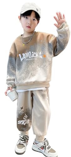 linboo Kinder Sportbekleidung Jungen Trainingsanzug Jogginganzug Dance Set Langarm Hoodie + Sporthose Freizeitanzug, Braun, 122-128