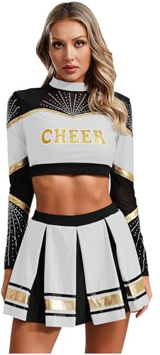 inhzoy Damen Cheerleading Kostüm High School Cheer Leader Rock Langarm Crop Top Pompons 2er/4er/5er Set Halloween Karneval Kostüm
